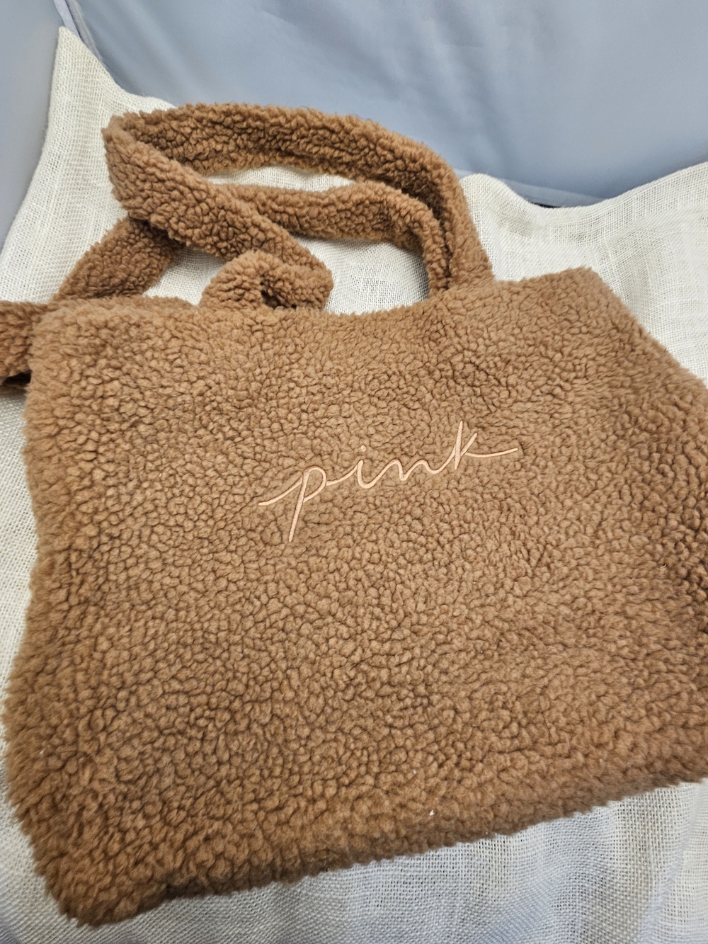 PINK Victoria's Secret Teddy Tote in Brown with Pink Script Logo